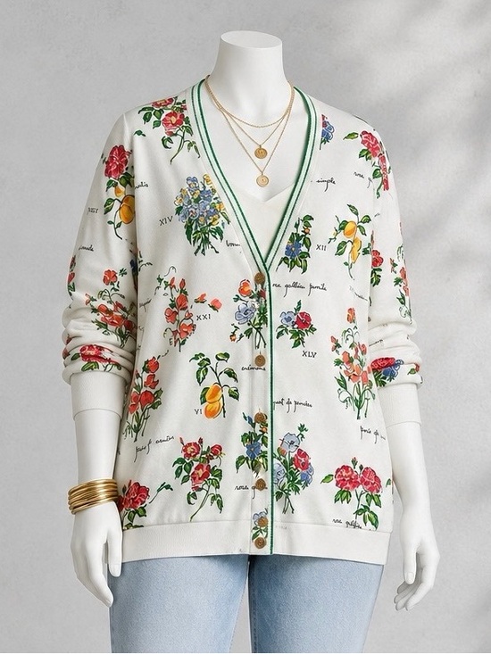 Vintage Sweaters - Vintage Botanical Cardigan 2X Ivory Floral Gardener Novelty Sweater Teddi